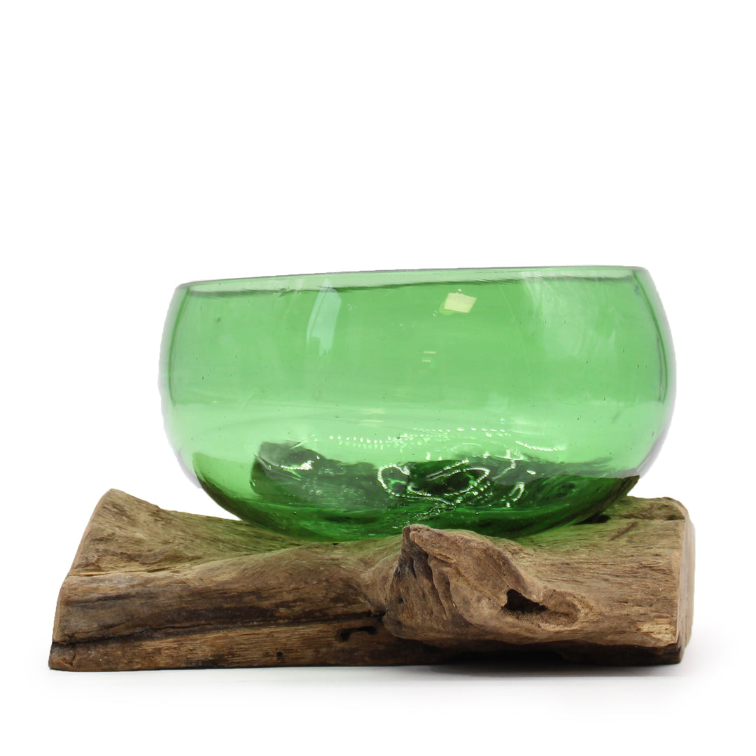 Centro de mesa - Cristal verde y madera - Cuenco Ancho